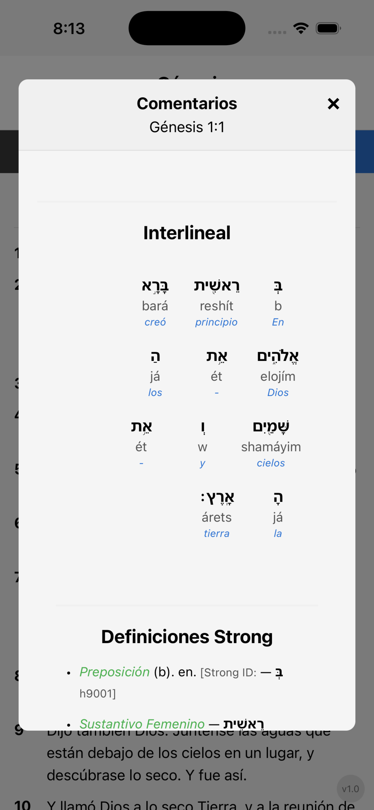 Panel de comentarios con el interlineal hebreo de Génesis 1:1