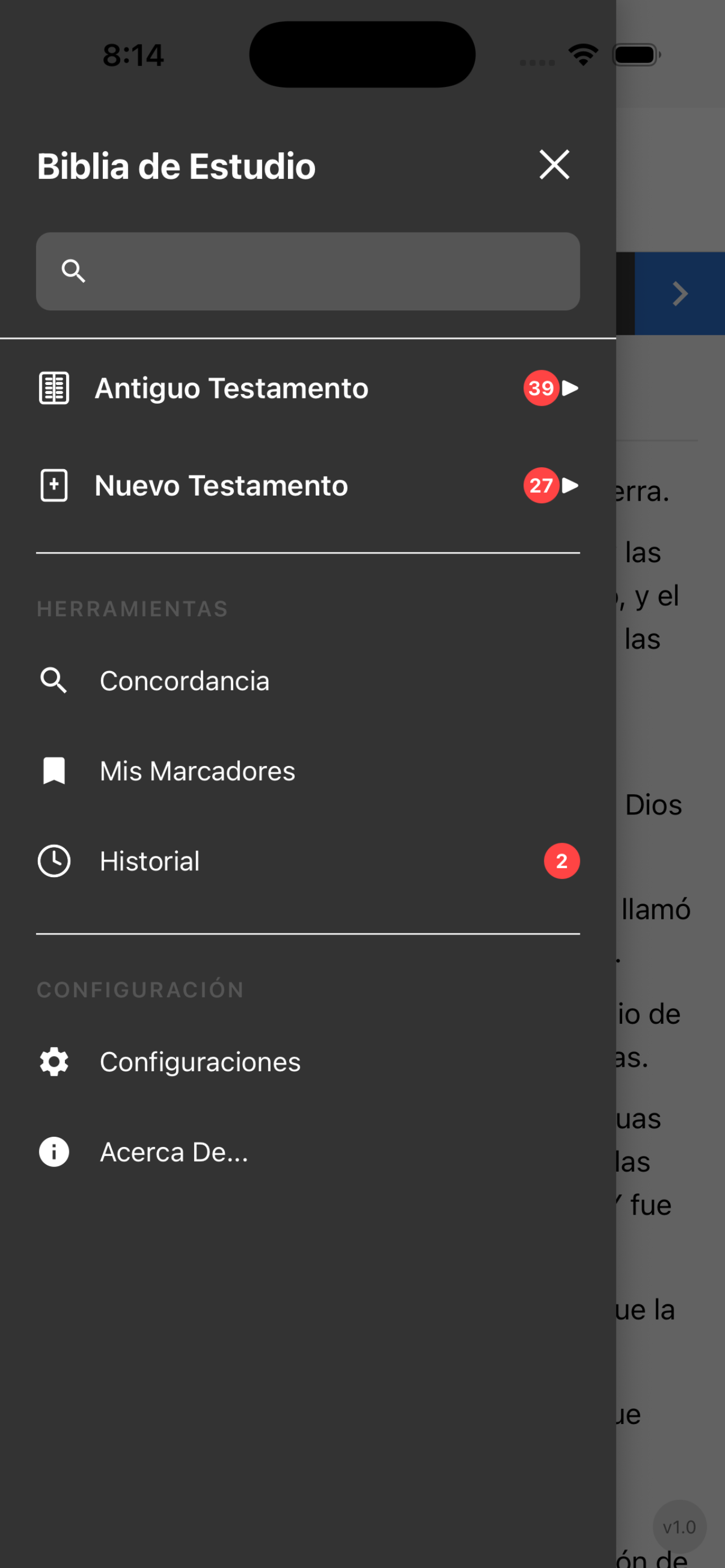 Menú con búsqueda, Antiguo Testamento, Nuevo Testamento, concordancia y marcadores